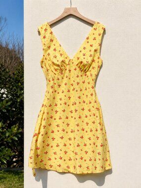 SHEIN Curve 1XL Yellow Floral Midi Dress | Cottagecore Rose Print Tie Waist